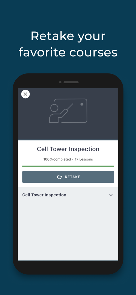 Uma captura de tela do aplicativo Drone U Flight School exibindo um curso concluído de inspeção de torre de celular com uma opção para refazer as lições.