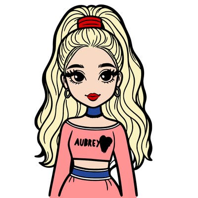 blonde girl with half up hair wearing a pink dress that says aubreyana