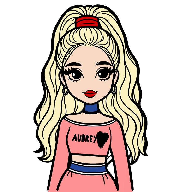 blonde girl with half up hair wearing a pink dress that says aubreyana