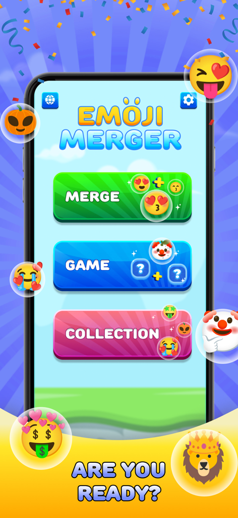 Emoji Merge - Fun Emoji Game - Der Hauptmenübildschirm des Emoji Merge Spiels mit Schaltflächen für Merge Game und Collection mit bunten Emoji-Symbolen