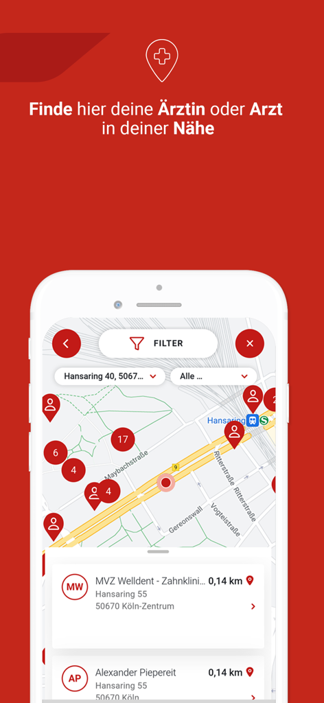 Generali Mobile Health - Vista de mapa de médicos y clínicas locales en la aplicación Salud Móvil Generali