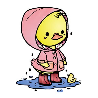 baby duck in a rain coat and boots, in a puddle while it’s raining