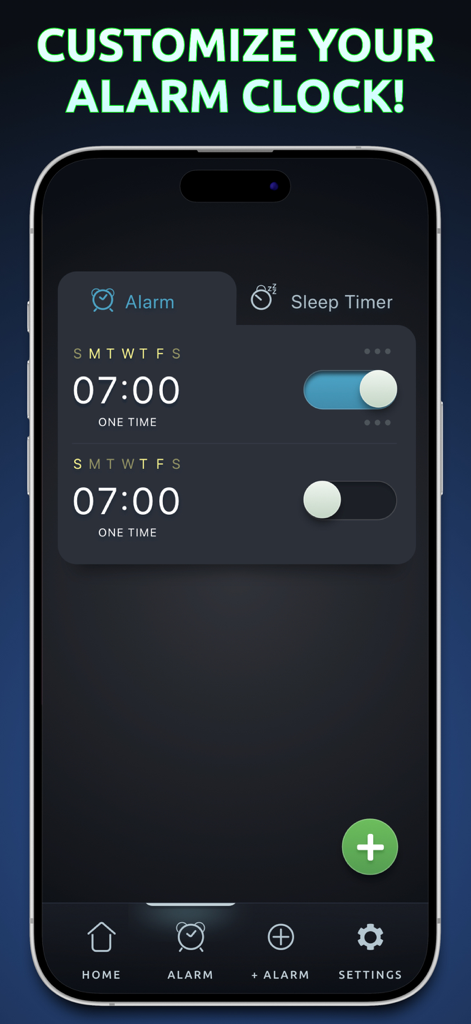 Alarm Clock App: myAlarm Clock - Interfaccia dell'app myAlarm Clock per iPhone che mostra un elenco di sveglie personalizzate.