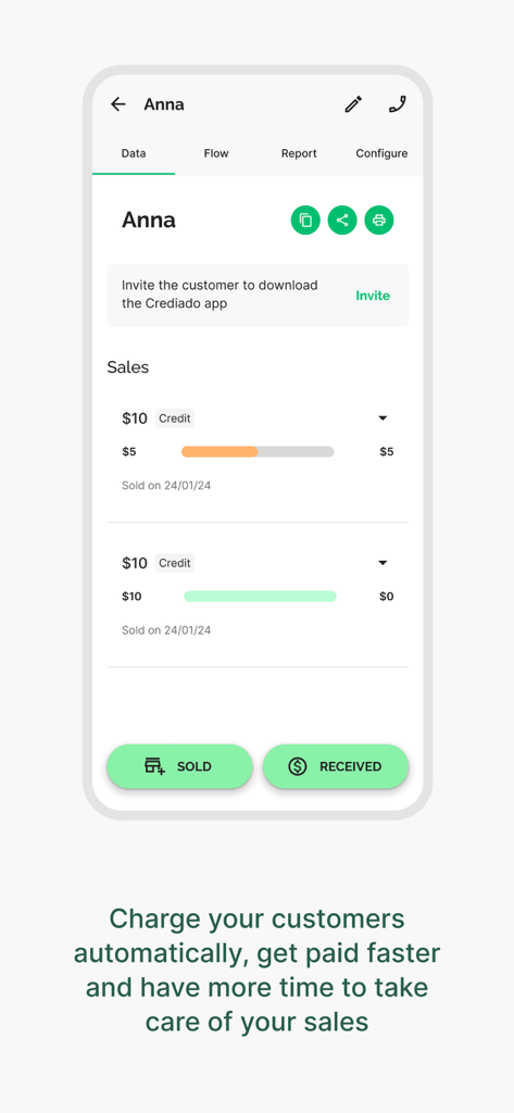 Crediado - Sales management - Interface do aplicativo Crediado exibindo faturamento automatizado do cliente e rastreamento de vendas a crédito para pequenas empresas