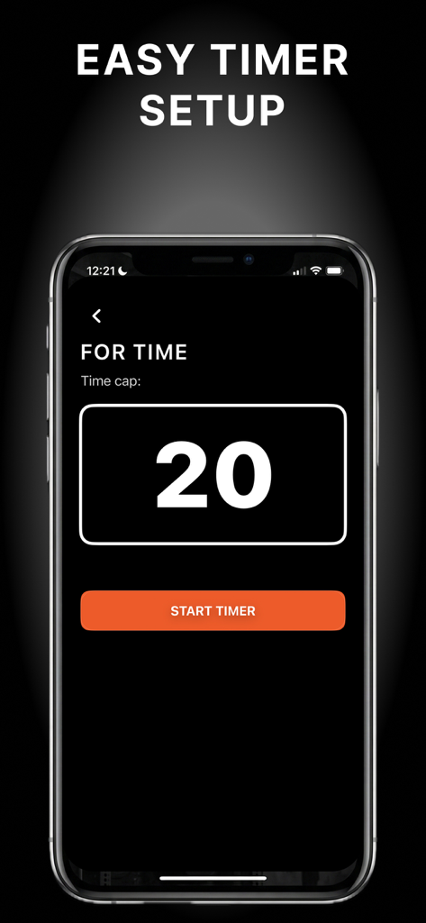 The WOD Timer - The WOD Timer app interface showing a For Time workout setup with a 20 minute time cap on an iPhone.