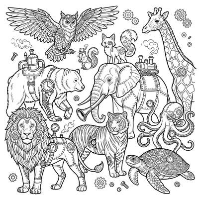 Dive into a fascinating world where nature meets intricate machinery with this unique Steampunk Animals coloring page. Unleash your artistic flair on owls with gears, lions with mechanical manes, and steam-powered elephants, offering a captivating challenge for all ages.