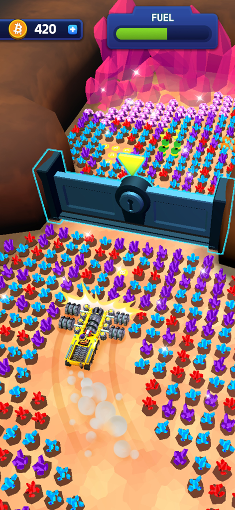 Idle Mine! - A yellow mining vehicle collecting colorful crystals in the Idle Mine mobile game