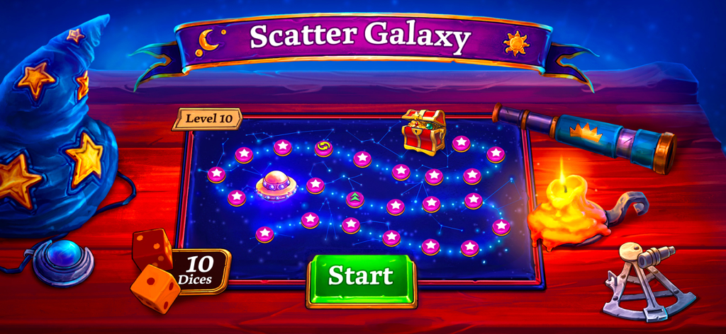 Scatter Galaxy board game style level progression map with fantasy theme icons and a start button.