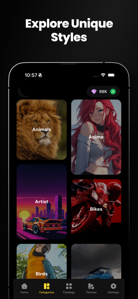 Wallpapers live 4K Background - Mobile app interface displaying wallpaper categories including Animals, Anime, Artist, and Bikes.