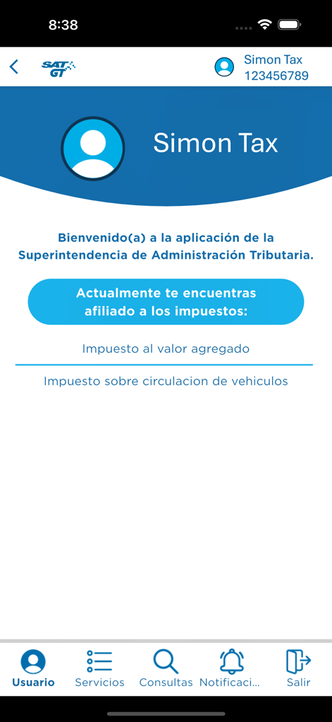 SAT GT - User profile screen of the SAT GT app showing tax affiliations for VAT and vehicle circulation