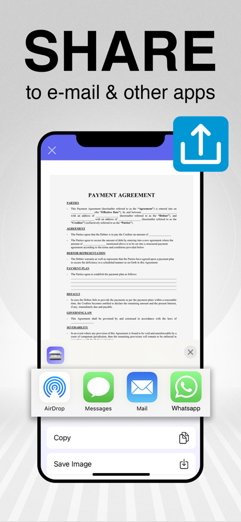 Smartphone screen showing a payment agreement document being shared via email and other messaging apps