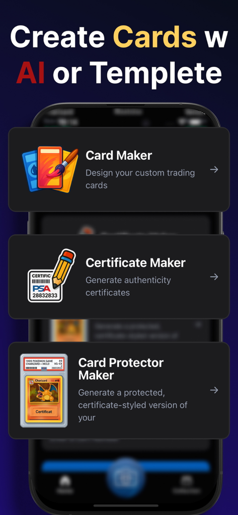 TCG Card Value Scanner: Arcane - Mobile app interface showing Card Maker Certificate Maker and Card Protector Maker options for TCG collectors
