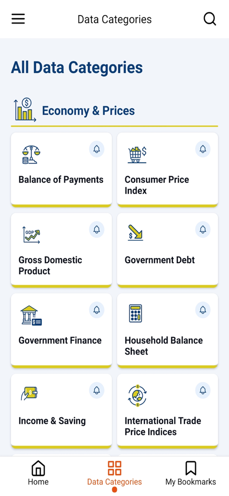 Interfaccia dell'app SingStat che mostra categorie di dati economici come PIL e Indice dei Prezzi al Consumo.
