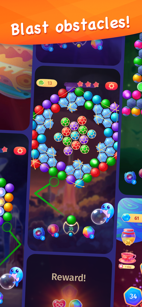 우주 테마 레벨에서 다채로운 버블과 다이아몬드 장애물을 보여주는 스페이스 웨일 버블 슈터 게임플레이 스크린샷