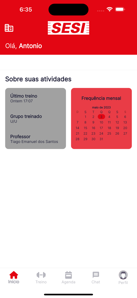 Sesi Academia - Panel de la aplicación de fitness Sesi Academia con seguimiento de entrenamiento y calendario de asistencia