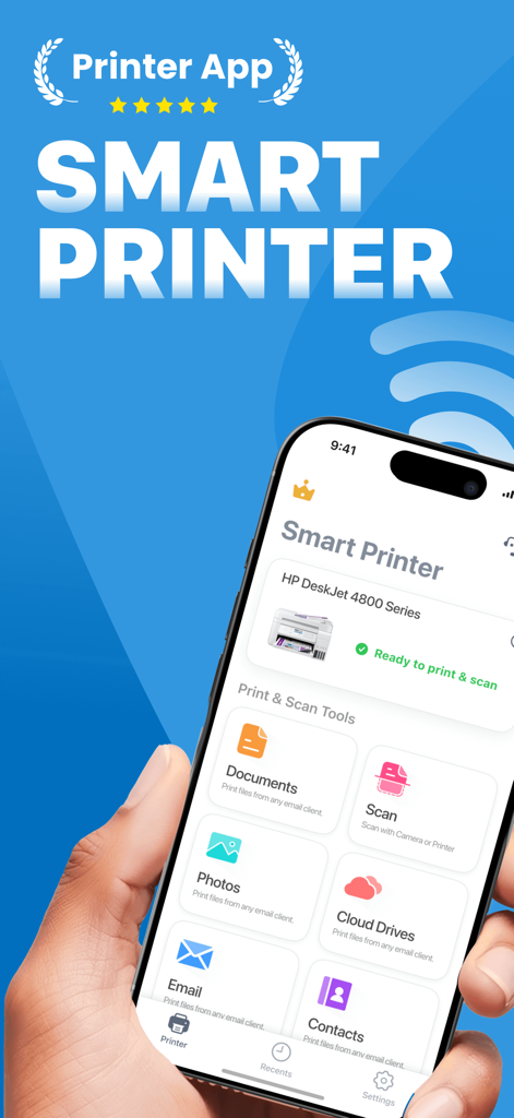 Smart Printer App · Air Print - Una mano che tiene un iPhone che visualizza la dashboard dell'app Smart Printer con opzioni per stampare documenti, foto e scansionare