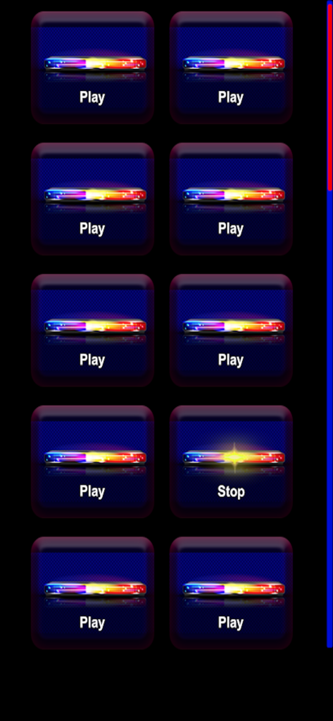 Police Siren: Lights & Sound - A grid of icons representing different police siren sounds with play and stop buttons.