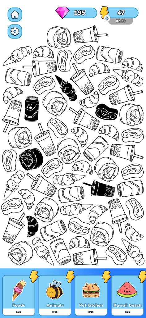 Merge Sticker Playbook 2D - Mobile game screen showing a collection of uncolored food stickers and category selection buttons