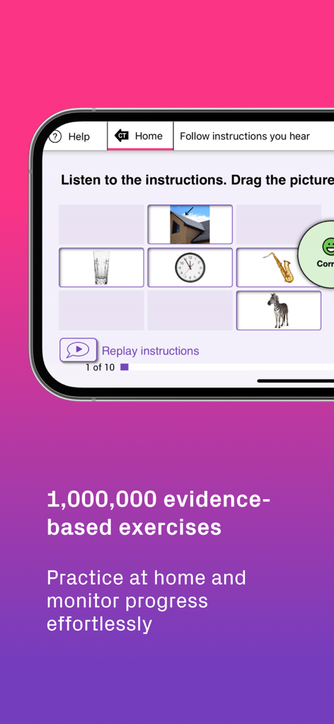 Constant Therapy: Brain+Speech - Constant Therapy app interface showing a cognitive exercise and text about one million evidence-based activities for home practice.