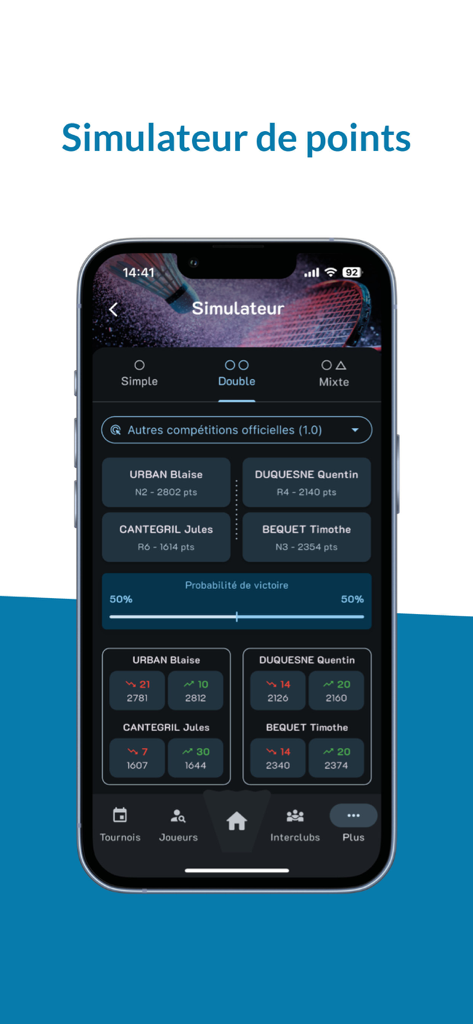 ebad - Interface mobile de l'application ebad montrant un simulateur de points pour un match de badminton en double avec les classements des joueurs et la probabilité de victoire.