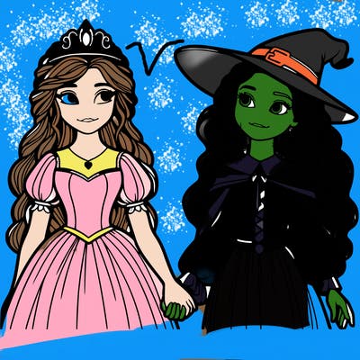 a princess and a witch holding hands realistic
