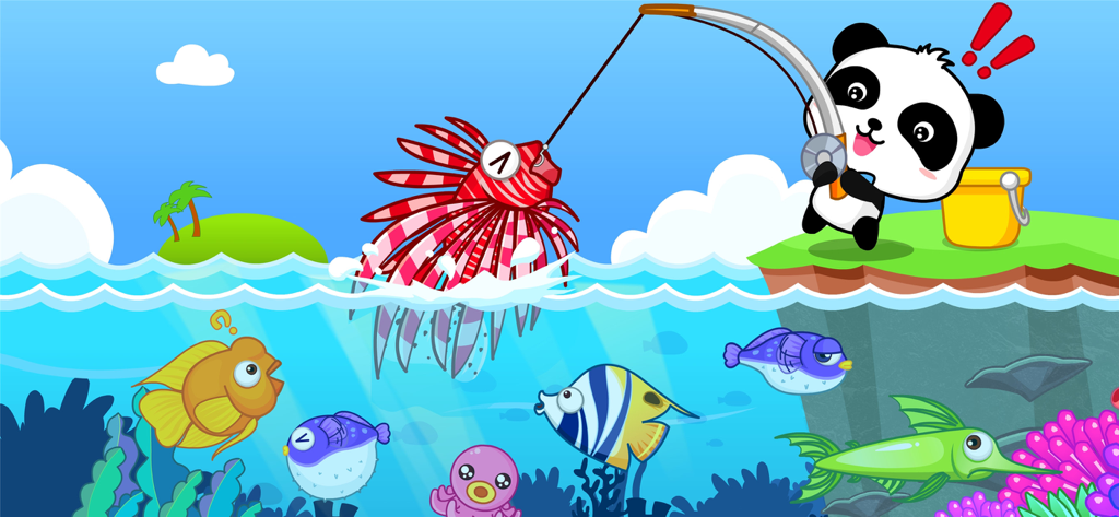 Personaggio del piccolo panda che pesca pesci tropicali colorati in un gioco educativo per bambini