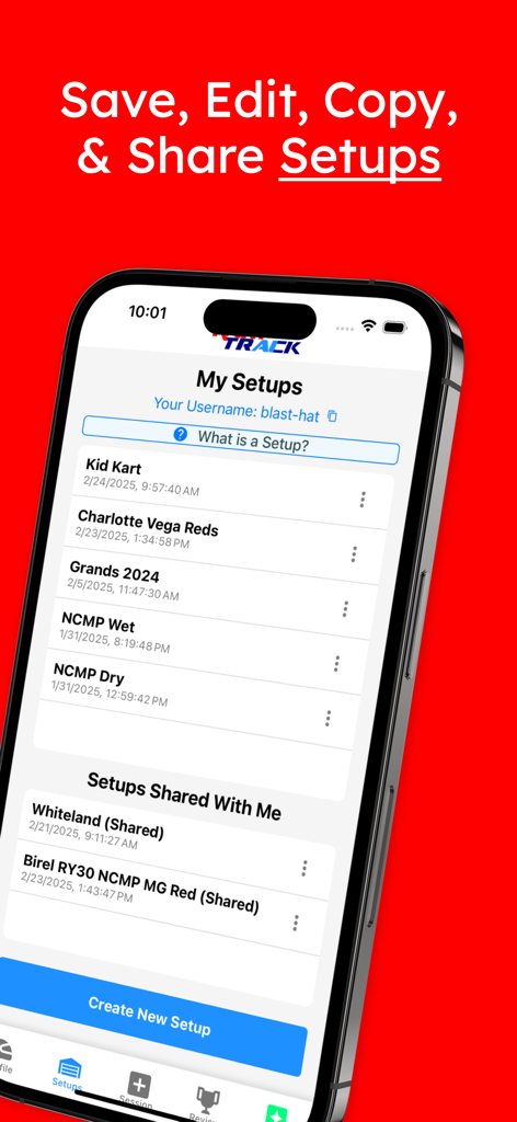 Una pantalla móvil que muestra una lista de configuraciones guardadas y compartidas para carreras de karts en diferentes condiciones de pista