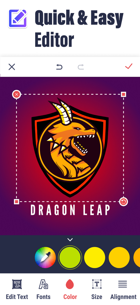 Logo Creator - Logo Maker App - Mobile interface of the Logo Creator app showing a dragon mascot logo being customized with quick editing tools