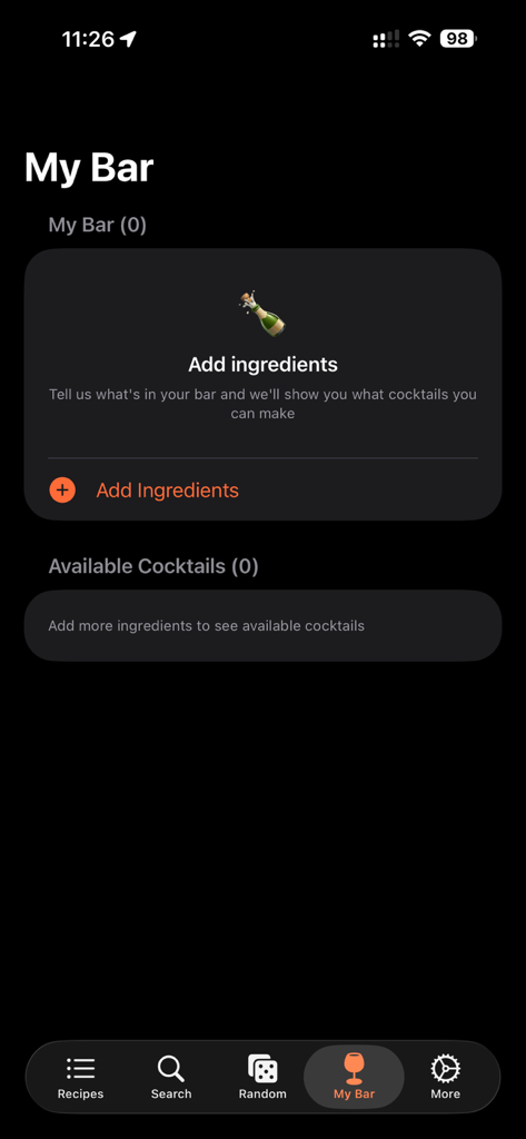 Cocktails Book - Smartphone-Bildschirm, der die Funktion 'Meine Bar' in der Cocktails Book App zeigt, mit der Benutzer ihre eigenen Zutaten hinzufügen können, um verfügbare Rezepte zu sehen.