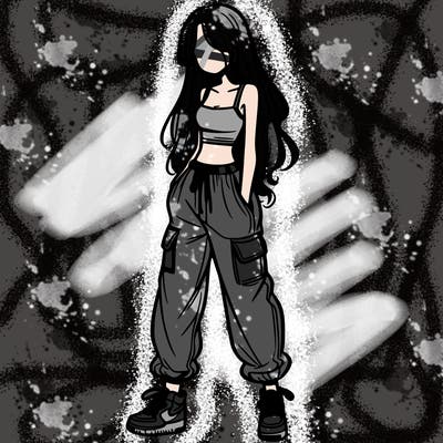 girl in baggy pants crop top and long hair