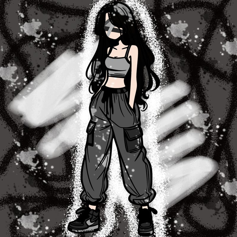 girl in baggy pants crop top and long hair