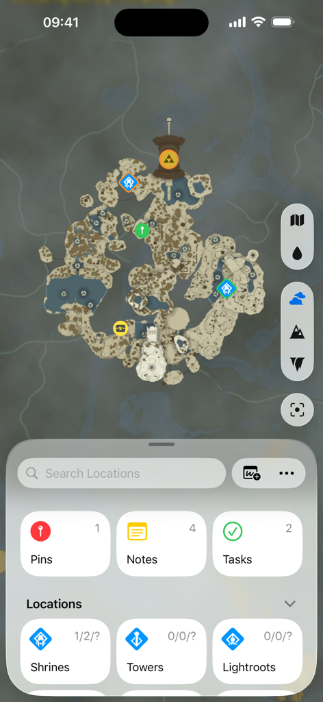 TotK Travel Guide - TotK Travel Guide app interface featuring an interactive map of Hyrule and a dashboard for tracking shrines tasks and notes