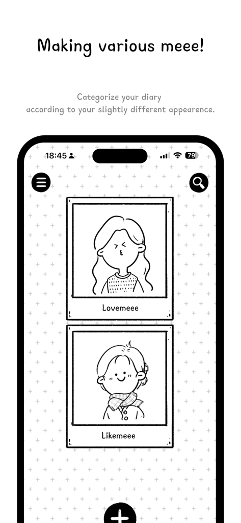 It's meee - simple diary - A minimalist interface showing two cute hand-drawn character avatars in polaroid frames labeled Lovemeee and Likemeee.
