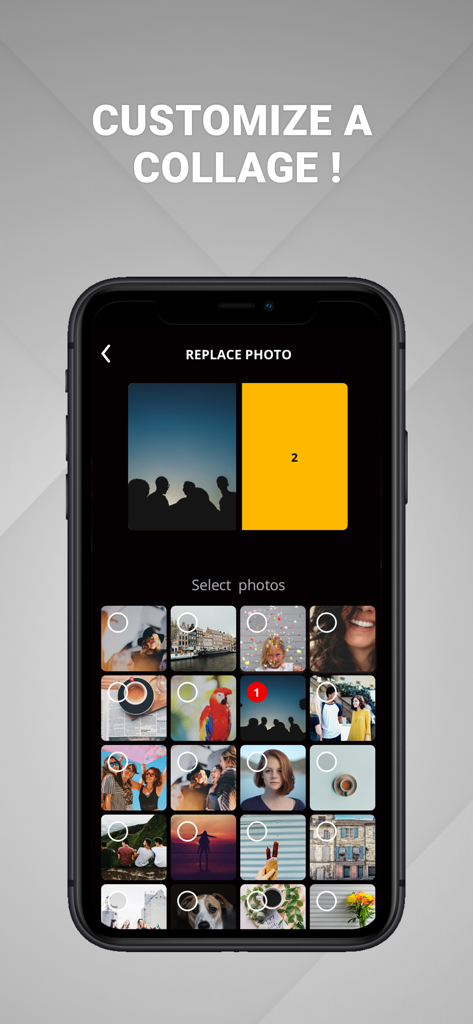 KODAK STEP Prints - Uno smartphone che mostra la schermata di personalizzazione del collage dell'app KODAK STEP Prints con una galleria fotografica.