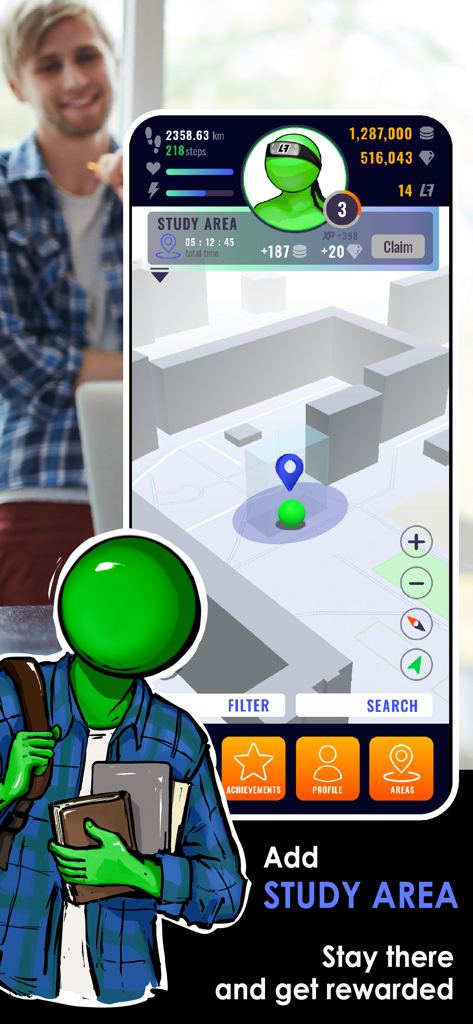 Life2App Activity & Time - Life2App interface showing a 3D map with a study area pin and rewards earned for staying there.