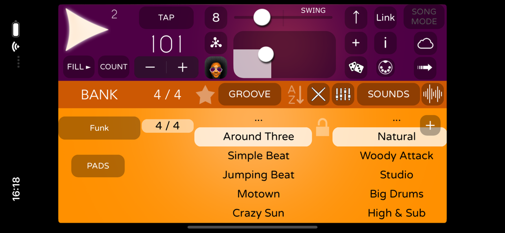 Interface de l'application Funk Drummer montrant les banques de grooves et les menus de sélection de sons avec un contrôleur d'intensité de jam 2D.