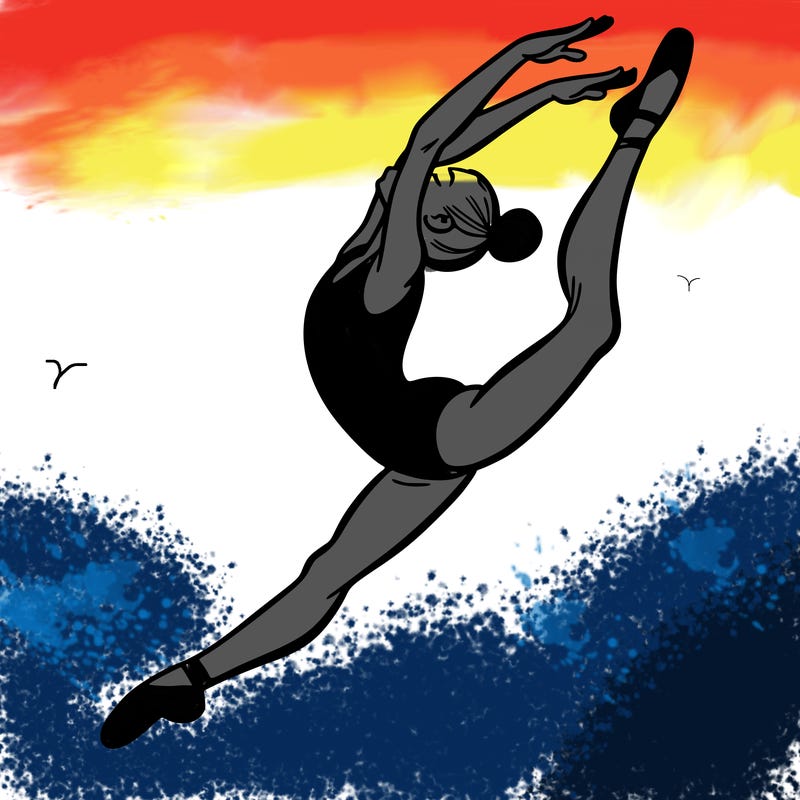 gymnast doing a leap in a leotard with a bent back leg