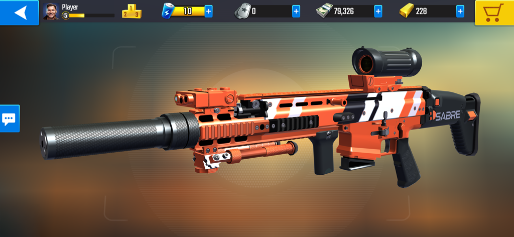 Orange Sabre sniper rifle with a scope and silencer in the Pure Sniper mobile game