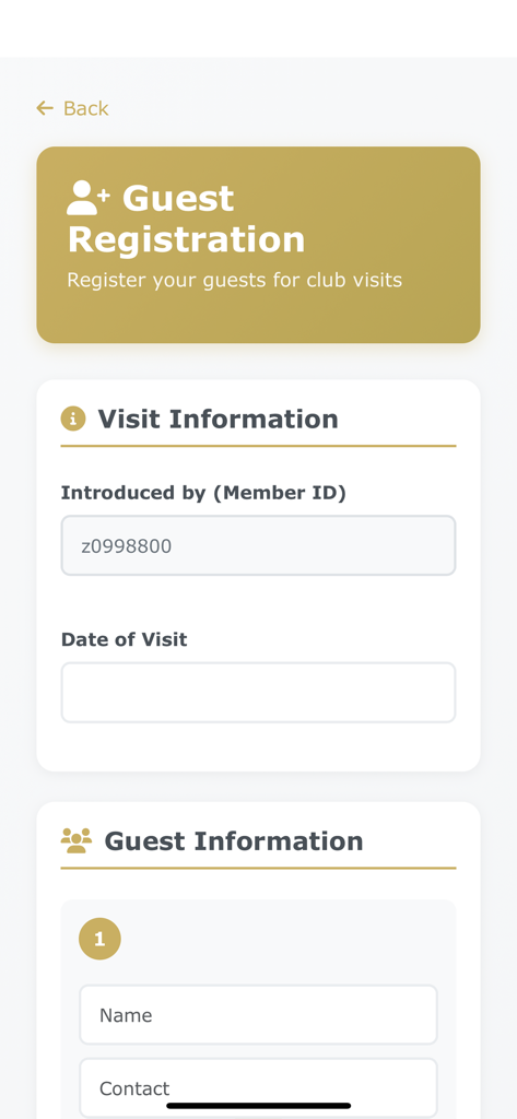 SICC - The guest registration screen in the SICC app featuring sections for visit information and guest details.