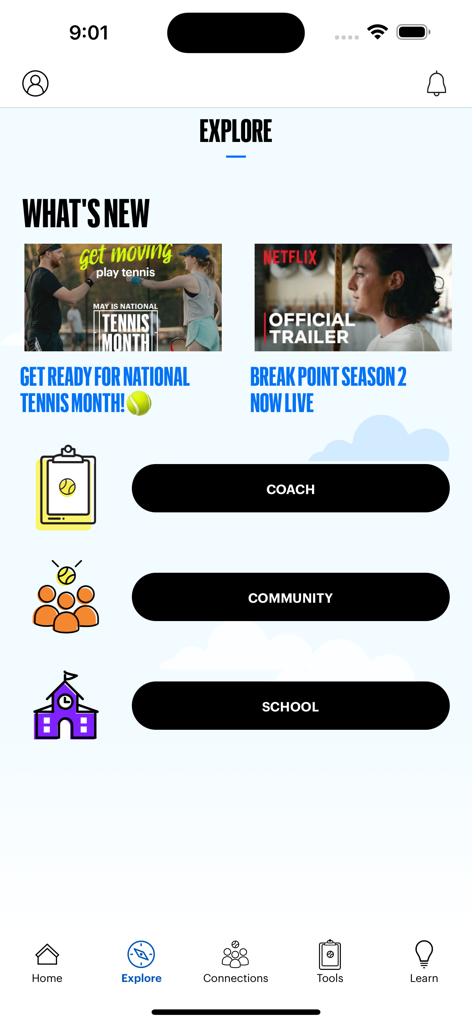Explore screen of the Net Generation app for tennis coaches featuring news updates and section links for coach community and school.