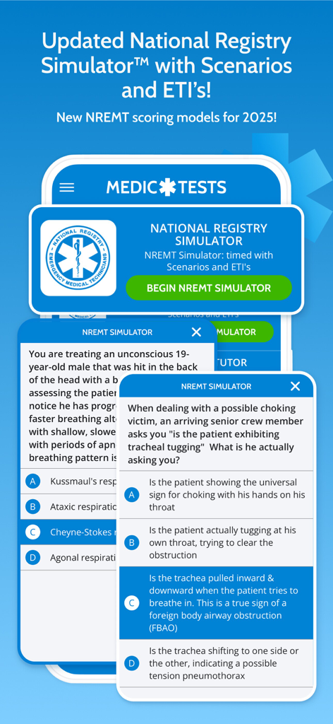 MedicTests 2026 EMS Education - National Registry Simulator interface showing EMS practice questions and scenarios on the MedicTests app
