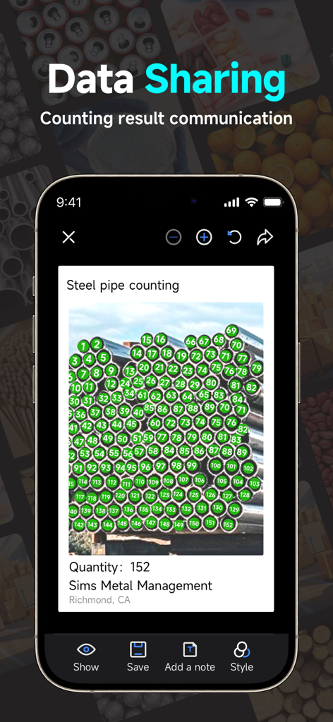 A smartphone displaying a shared report for 152 counted steel pipes with business name and location details.