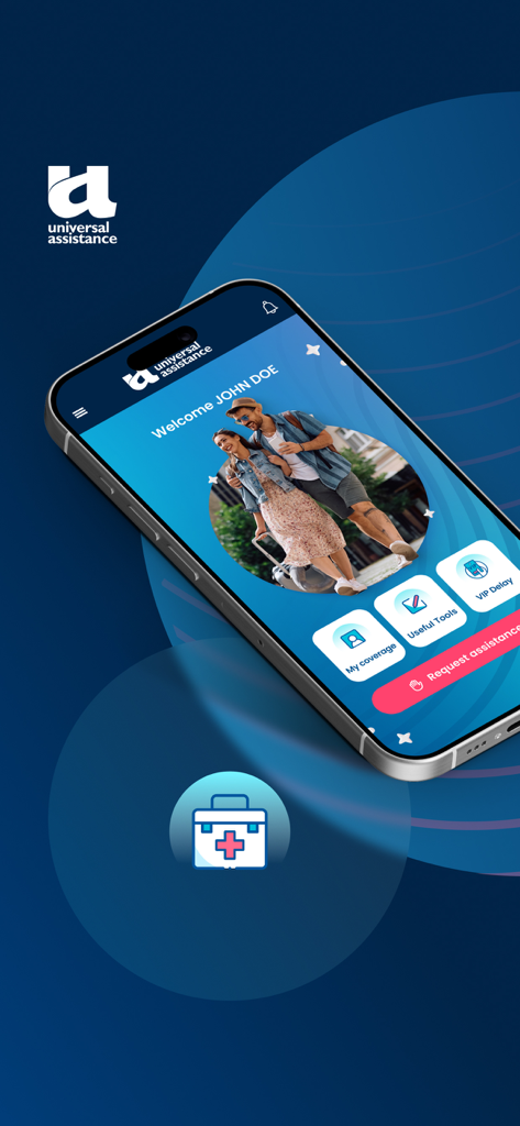 Pantalla de inicio de la aplicación móvil Universal Assistance que muestra la cobertura de viaje y las funciones de asistencia de emergencia.