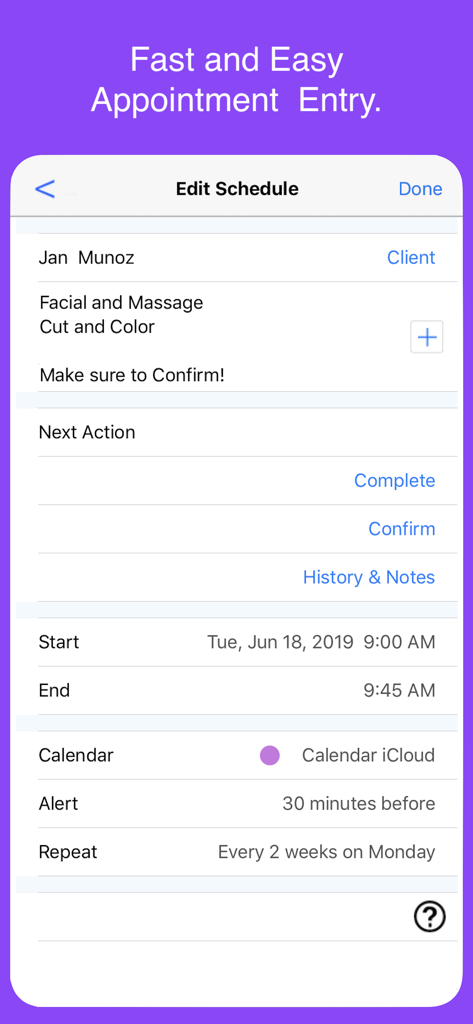 Nail Tech Schedule & Reminder - Mobile App-Oberfläche zur Bearbeitung eines Kunden-Termins mit Anzeige von Service-Details, Datum und Zeiteinstellungen