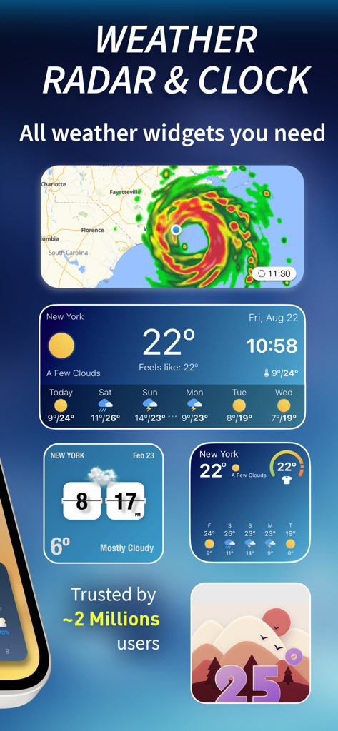 A collection of customizable weather widgets including live radar, digital clocks, and daily forecasts for iPhone
