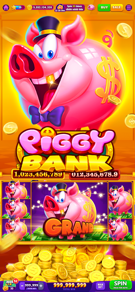 Piggy Bank themed slot machine game in Woohoo Casino featuring a pink pig in a top hat and gold coins