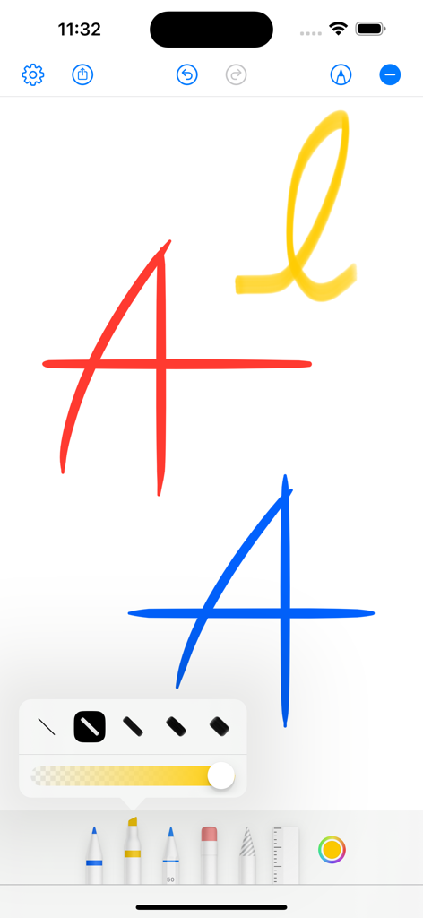 Una pantalla de pizarra digital que muestra notas manuscritas coloridas y un menú flotante de grosor de lápiz.