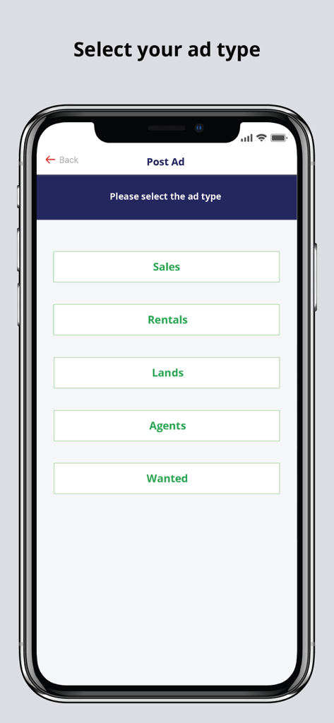 LankaPropertyWeb Property App - Mobile app screen showing options to select an ad type for sales rentals lands and agents in Sri Lanka