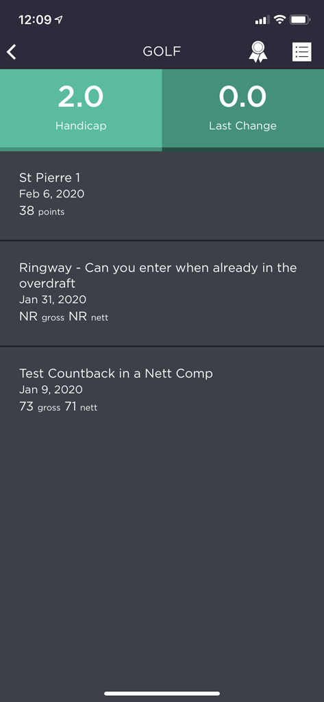 igMember app interface showing a golf handicap and recent competition results