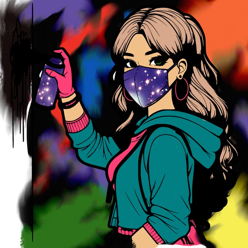 realistic girl with mask spray painting a wall